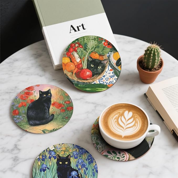 Cat Coasters Leather Round Drink Coasters 6 Pcs Set with Holderor for Cup Drink Coffee Table Bar Home Decor