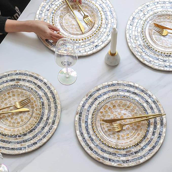 i-lan Set of 2 Mother of Pearl Charger Plates, 13 Inch Dark Blue Capiz Shell Inlay Wood Decorative Placemats for Dining Table, Modern & Rustic Table Setting for Party, Wedding and Home Decor