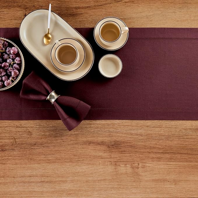 Solino Home Linen Burgundy Table Runner 120 Inches Long - 100% Pure Linen 14 x 120 Inch Table Runner for Valentines, Winter - Classic Hemstitch