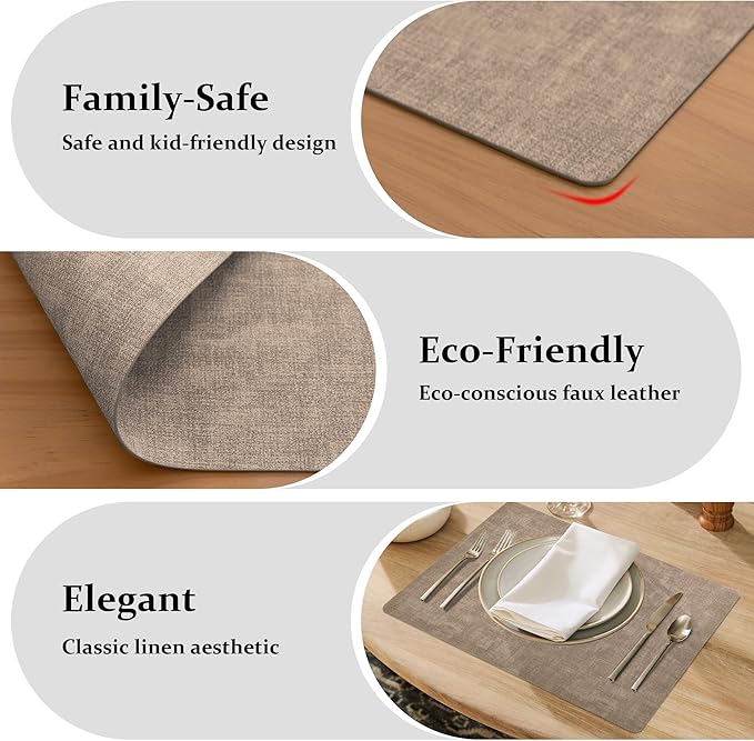 FROMHEART Faux Leather Placemats Set of 6–Waterproof,Heat/Oil Stain-Resistant PU Table Mat–Reversible,Non-Slip,Easy to Clean Place Mats for Kitchen,Dining,Indoor/Outdoor,(Light Coffee,11.8" x 17")