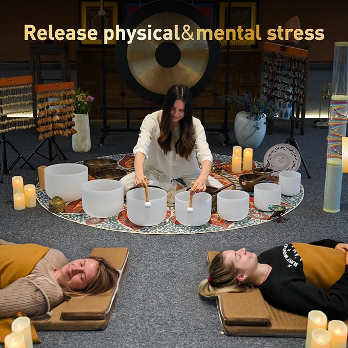 CVNC 432HZ 6-12 Inch Frosted Quartz Crystal Singing Bowls Chakra Set of 7 for Sound Healing and Meditation