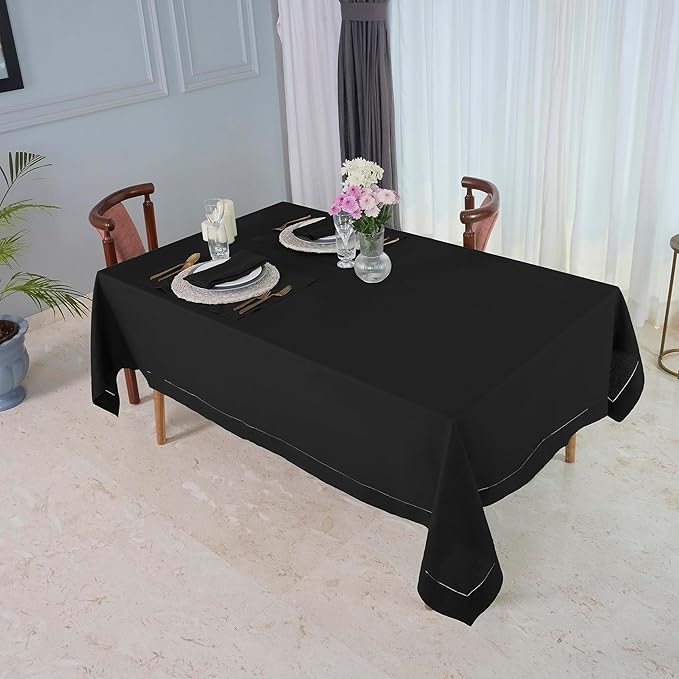 D'Moksha Homes Black Linen Tablecloth for Rectangle Tables 60 x 102 Inch - Classic Hemstitch 100% Pure Linen Black Table Cloth - Machine Washable Dining Tablecloth for Spring, Easter