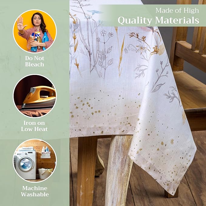 Maison d' Hermine Table Cloth Rectangle Table 100% Cotton 60 x 90 Inches Tablecloth Reusable Decorative for Dining Room Farmhouse Home Valentines Day Decorations Spring Summer - Meadow Florals - Beige