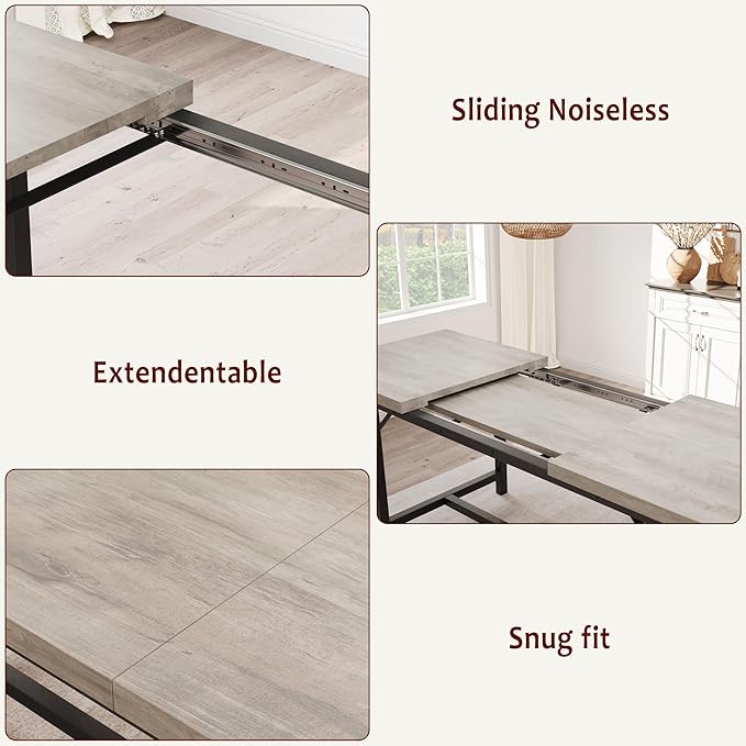 IDEALHOUSE 3-Piece Dining Table Set for 4-6 People, 63" Large Extendable Kitchen Table Set w 2 Soft Benches, Easy Assembly, Space Saving for Apartment, Small Space, Gray