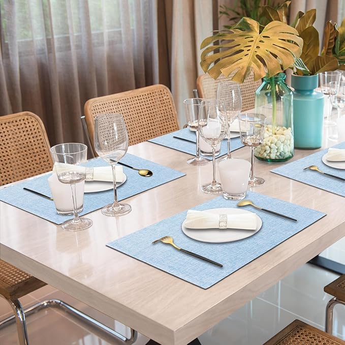 Cloth Placemats Set of 6, Cotton Linen Blend Machine Washable Double Layered Place Mats, Heat Resistant Placemats Wrinkle Free Thick Fabric Dining Table Mats for Indoors & Outdoors (Light Blue, 6)