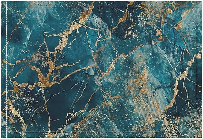 Marble Linen Placemats Set of 2, 12x17 Inch Abstract Modern Foil Stone Texture Blue Gold Marble Table Mats Washable Fabric Place for Party Kitchen Wedding Dining Banquets Decor