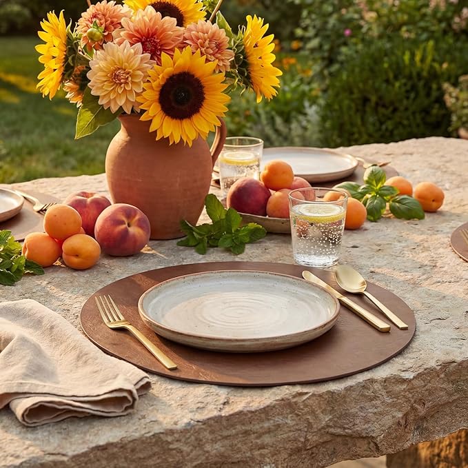Artoid Mode Brown Faux Leather Placemats Set of 6, 15 Inch Waterproof Wipeable Heat Resistant Vinyl Place Mats, Reversible Table Mats for Kitchen Dining Decor
