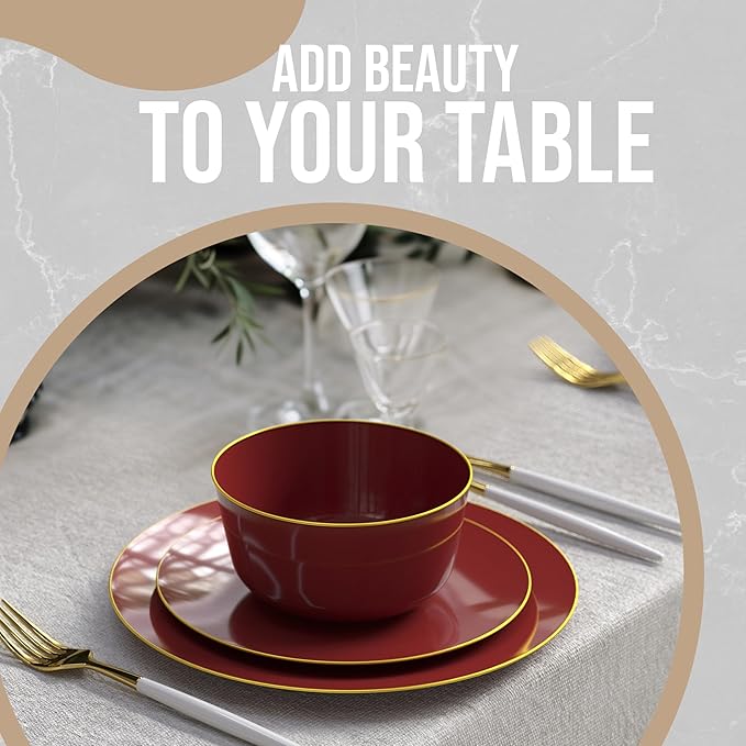 Trendables 24 oz Plastic Bowls Set - Fancy Serving Bowls - Perfect for Ice Cream, Salad, Candy - Disposable (10, Burgundy Gold Rimmed)