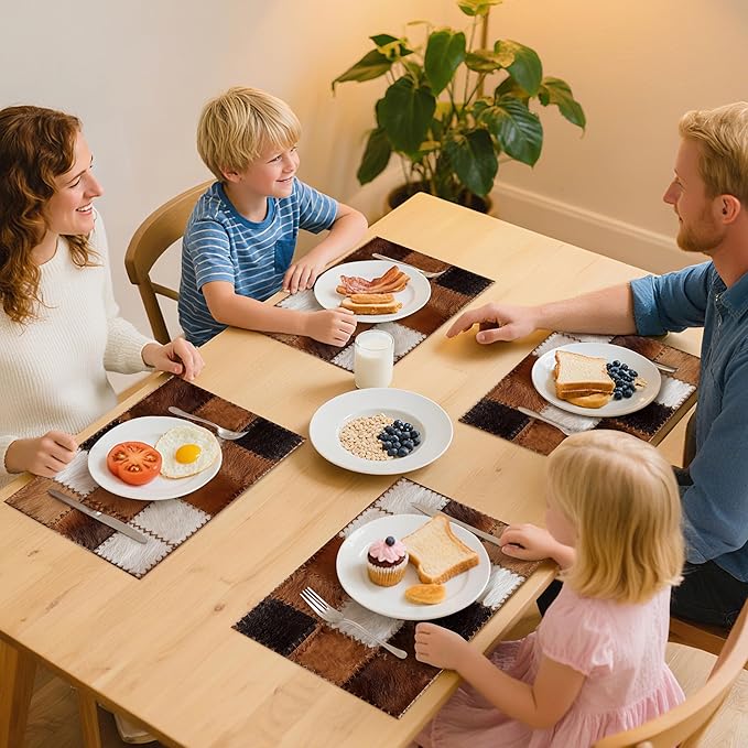 Cowhide Placemats Set of 4 Washable Table Place Mats for Dining Kitchen Party Decor