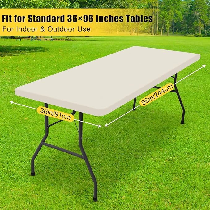 Smiry Rectangle Tablecloth, Elastic Fitted Flannel Backed Vinyl Tablecloths for 8ft Folding Tables, Waterproof Wipeable Table Covers for Indoor, Outdoor, Picnic and Camping (Beige, 36"x96")