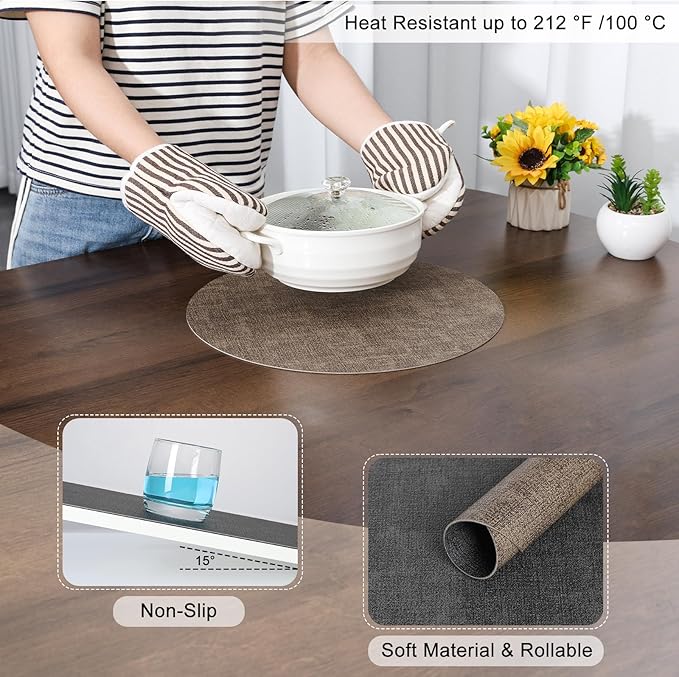 Myir JUN Round Placemats Dual Sided, Faux Leather Place Mats Set of 4 Indoor Placemats for Dining Table Outdoor Placemats Non-Slip Washable Table Mats (Set of 8, Gray Brown)