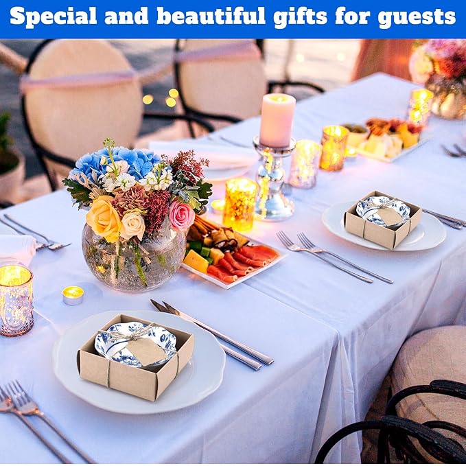 24 Pcs Wedding Favors for Guests Small Ceramic Bowl Bulk Gifts Set 3.3 Inch Floral Design Mini Dipping Sauce Dish with Card Box for Bridal Pooja Baby Shower Birthday Guest Gift (Blue)