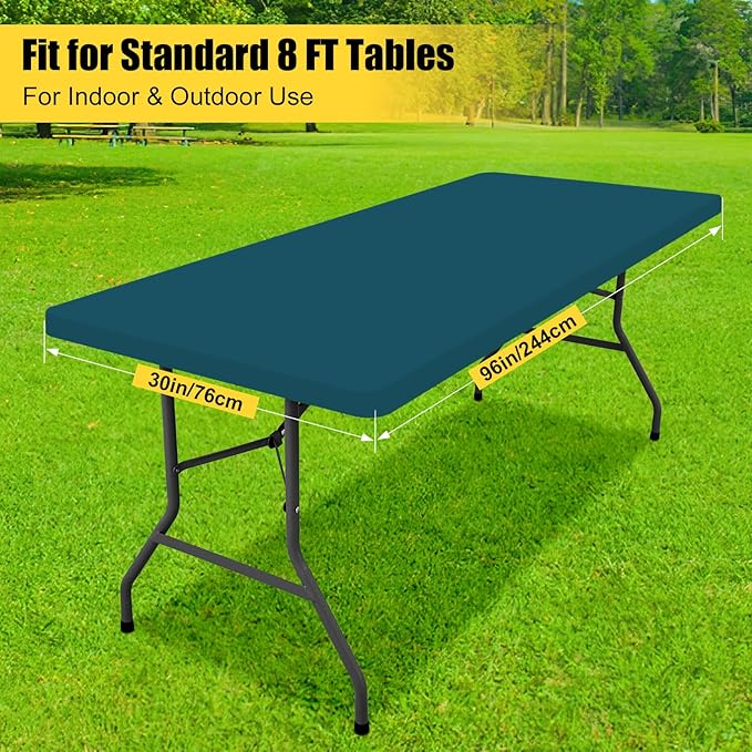 Smiry Rectangle Tablecloth, Elastic Fitted Flannel Backed Vinyl Tablecloths for 8ft Folding Tables, Waterproof Wipeable Table Covers for Indoor, Outdoor, Camping and Picnic (Peacock Blue, 30"x96")
