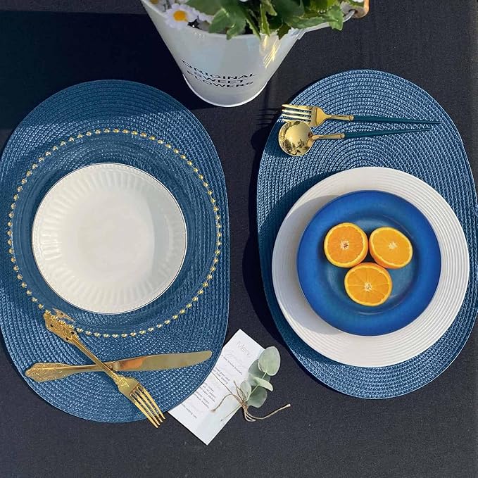 FunWheat Oval Braided Placemats Set of 4 Table Mats for Dining Tables Washable Heat Resistant Place Mats for Indoor Outdoor Use 12 x18 Inch(Oval Blue, 4pcs)
