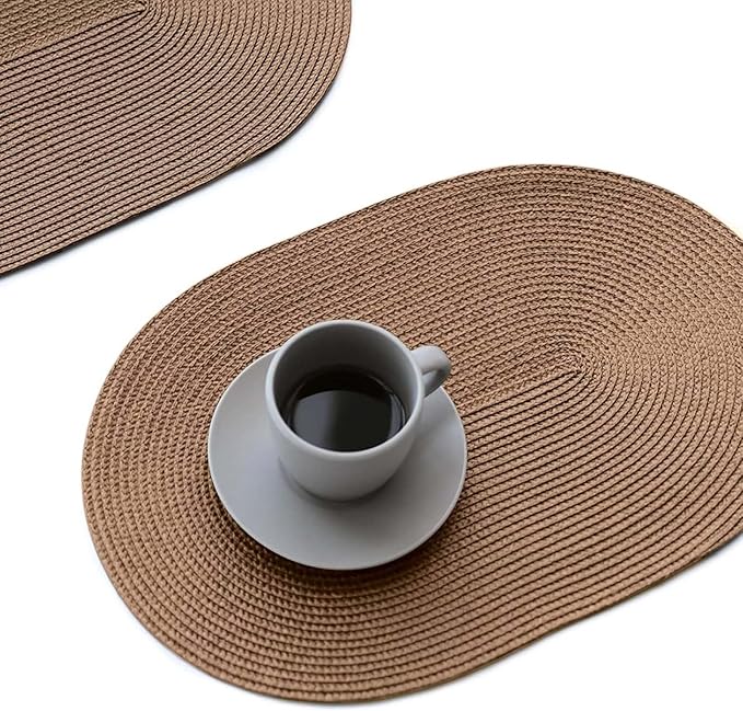 FunWheat Oval Braided Placemats Set of 4 Table Mats for Dining Tables Washable Heat Resistant Place Mats for Indoor Outdoor Use 12 x18 Inch(Oval Light Brown, 4pcs)