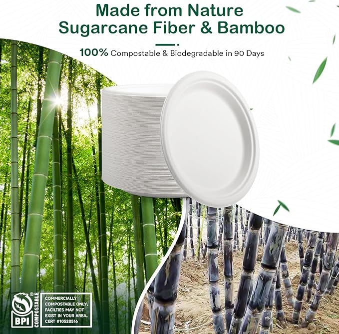 9 Inch 128 Pack Compostable Disposable Paper Plates, Dinner Plates, Heavy Duty Sugarcane Bagasse, Biodegradable Eco-Friendly, Soak Proof & Cut Resistant, Unbleached White