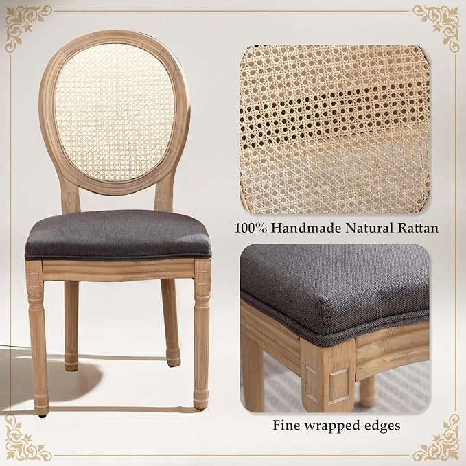 SoarFlash French Dining Chairs Set of 4, Vantage Dining Chair with Round Back, Farmhouse Country Rattan Dining Chair for Kitchen,Bedroom,Deep Grey
