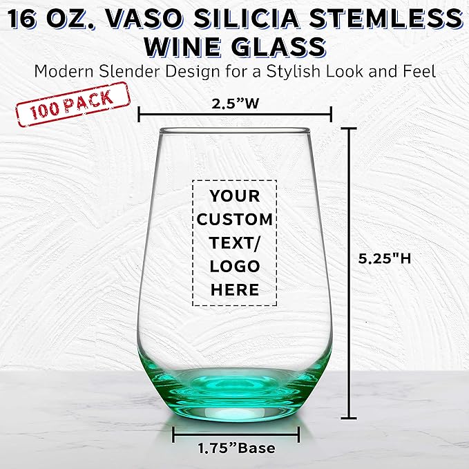 DISCOUNT PROMOS 100 Vaso Silicia Stemless Wine Glasses Set, 16 oz. - Personalized Text, Logo - Clear, Orb-Like, Thick base - Green