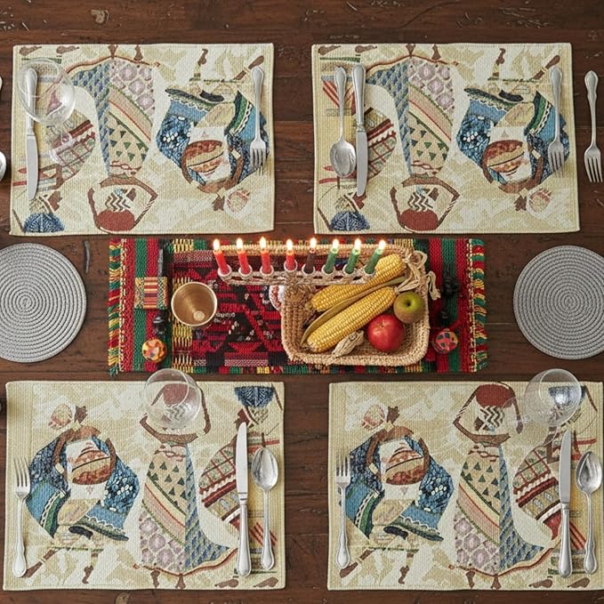 DaDa Bedding Dancing Women Tapestry Dining Table Placemats - Set of 4-Pieces Festive Celebrate Kwanzaa - Tribal African Tribal Culture - Decorative Cotton Linen Woven Kitchen Mats - 13” x 19” (18117)