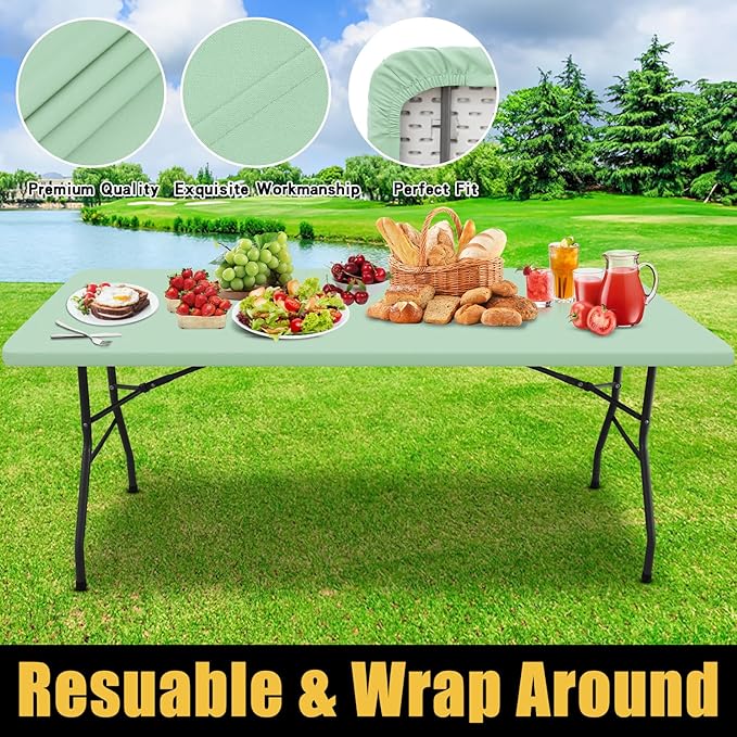 Smiry Rectangle Picnic Table Cloth, Waterproof Elastic Fitted Tablecloths for 6 Foot Tables, Washable Polyester Table Cover for Camping, Indoor and Outdoor (Green, 30"x72")