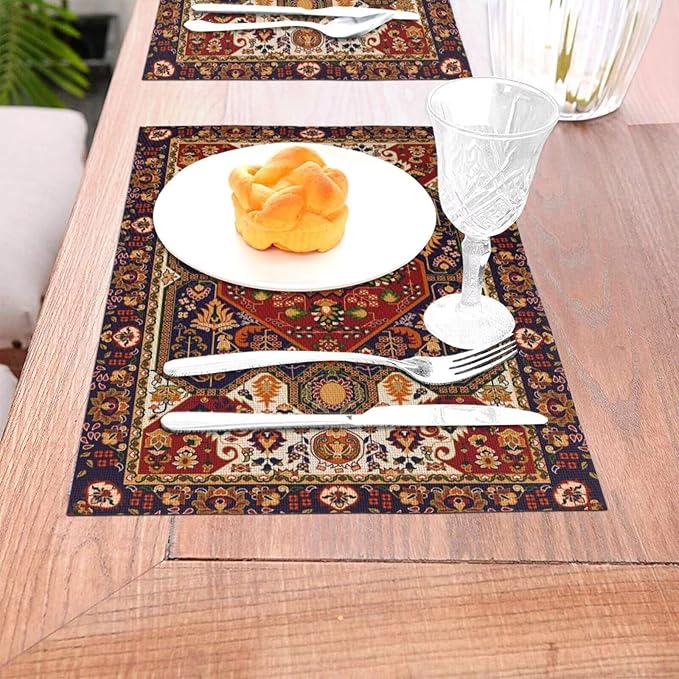 Persian Design Placemats Set of 6 Tribal Texture Boho Persian Rust Wipeable Table Mats Reusable Washable PVC Rectangle Place Mats for Kitchen Dining Home Decor 12x18 Inches