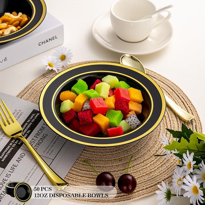 50 Pack Black Disposable Soup Bowls with Gold Rim,12oz Disposable Soup Bowls,Disposable Soup Dessert Salad Bowls for Wedding/Party/Catered Events