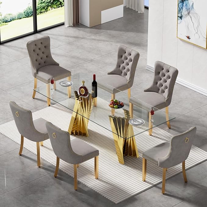 7 Piece Glass Dining Table Set,70" Dinner Room Glass Table Set for 6,Modern Kitchen Dinner Table Set with Stainless Steel Base and 6 Upholstered Velvet Dining Chairs for Living Dining Room