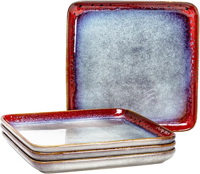 HENXFEN LEAD Square Ceramic Dinner Plates 11 Inch – Large Stoneware Serving Plates Set of 4 for Steak, Pasta & Salad, Microwave & Dishwasher Safe – Reactive Glaze Red