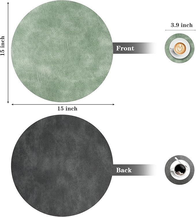Round Placemats and Coasters Set of 6, Washable Reversible Faux Leather Placemats Cowhide Pattern Place Mats Wipeable Non-Slip 15 inch Round Kitchen Dining Table Mats (Gray Green, 6)