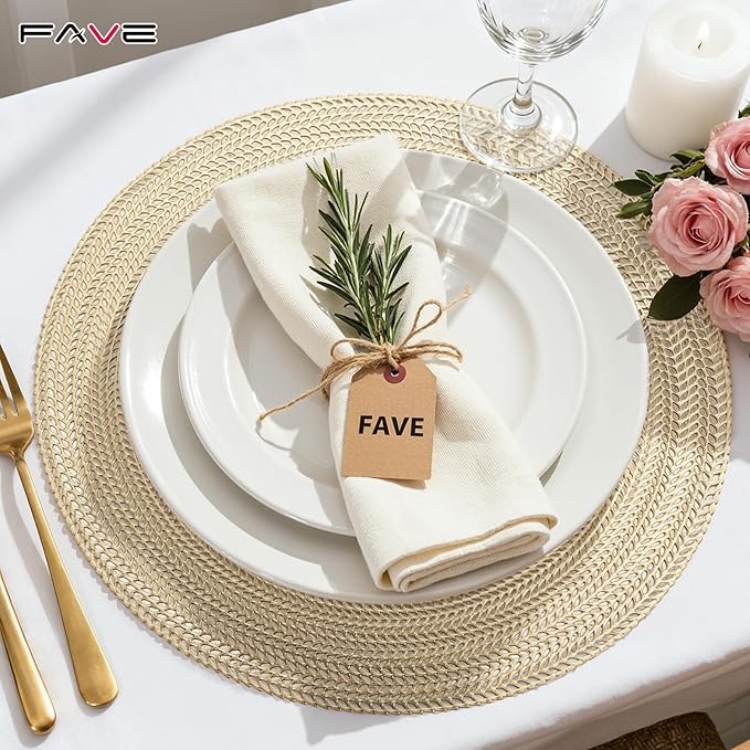 FAVE 4PCS Gold Vinyl Round Placemats, Wheat Sheaf Design 15 Inch Placemats Set of 4 Washable for Dining, Events, Banquet, Home & Daily Use (Gold Wheat,4pcs)