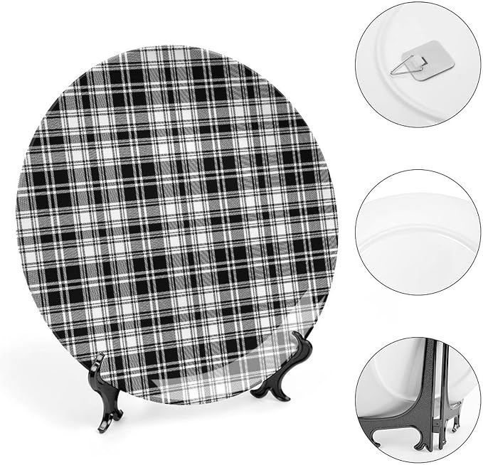 Decorative Plates, Abstract Decor Print Ornament, British Tartan Stripes Pattern, 6 Inch, Kitchen Wall Decor, Black White