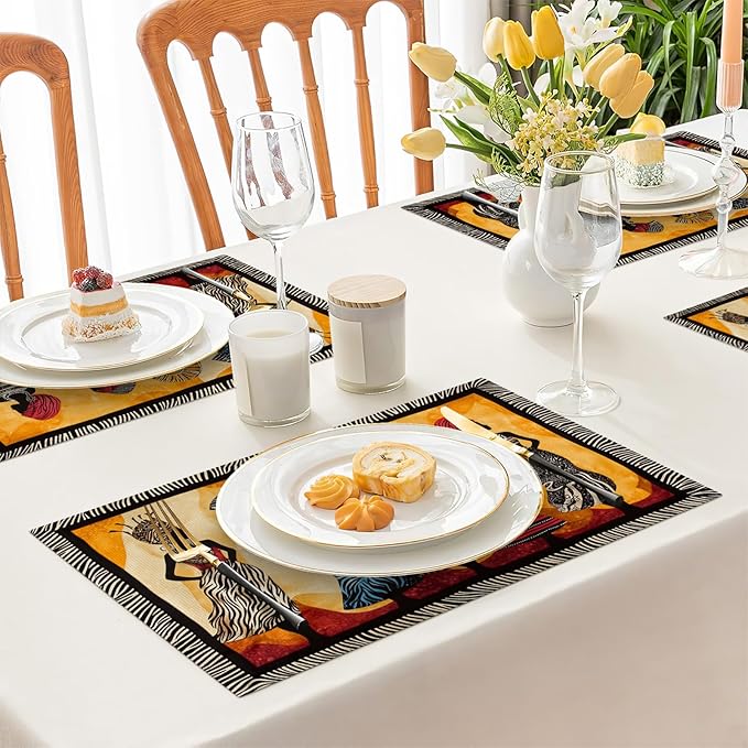 Kwanzaa Placemats Set of 4, African American Christmas Table Mats, Black Women Washable Place Mats for Coffee Bar Home Party Indoor Kitchen Dining Table Decoration 12x18 Inch
