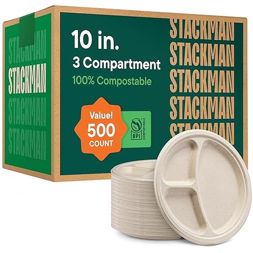 100% Compostable Paper Plates 10 Inch Bulk [500 Count] Heavy-Duty Dinner Plates with Compartments - Natural Brown Color Bagasse - Eco-Friendly Disposable Biodegradable Sugarcane - [Case 4/125 Pack]