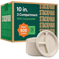 100% Compostable Paper Plates 10 Inch Bulk [500 Count] Heavy-Duty Dinner Plates with Compartments - Natural Brown Color Bagasse - Eco-Friendly Disposable Biodegradable Sugarcane - [Case 4/125 Pack]
