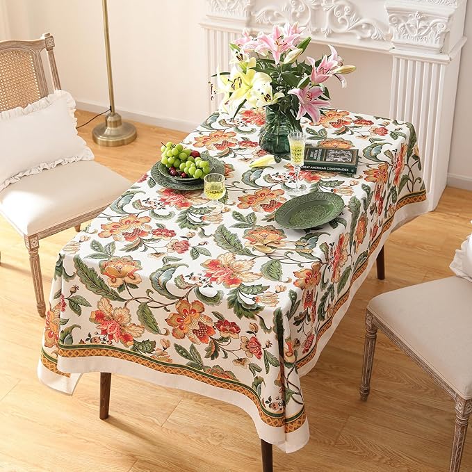 patdrea Designer Vintage Linen Rectangular Tablecloth,Provencal Rustic Floral Pattern Tablecloths,Decorative Table Cover Cloth for Kitchen,Dining,Tea Party,Home,Christmas,55"*79"