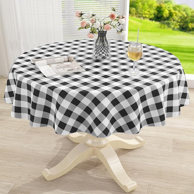 misaya Round Waterproof Vinyl Table Cloth, Buffalo Flannel Backed Tablecloth, Wipeable Plastic Table Cover for Dinner, Kitchen, Picnic (60", Black and White)