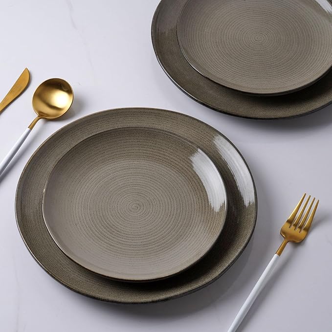 Famiware Tempus Plates and Bowls Sets for 6, 18 Pieces Stoneware Dinnerware Sets, Reactive Glaze Dishes Set, Dishwasher & Microwave Safe - Dark Olive