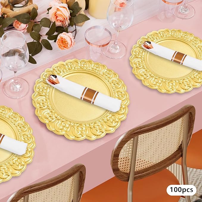 100 Pcs Antique Charger Plates Bulk, 13in Reusable Serving Plates Embossed Rim Plastic Party Dinner Plate Chargers Round Decorative Server Plate for Wedding Party Event Tableware