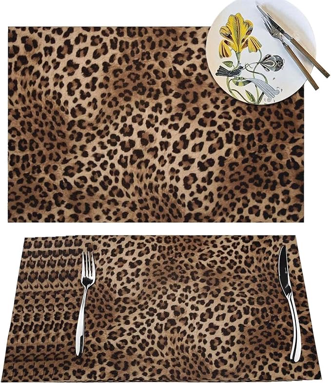 Brown Leopard Placemats Set of 6 Black Cheetah Skin Wild Animal Print Wipeable Table Mats Reusable Washable PVC Rectangle Place Mats for Kitchen Dining Home Decor 12x18 Inches