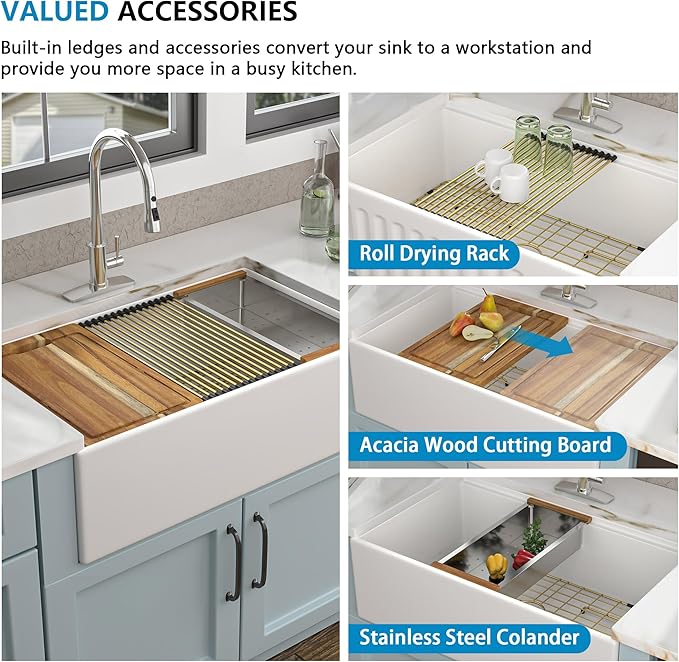30 White Farm Sink Workstation - Fulorni 30 Inch Farmhouse Kitchen Sink Workstation with Slide Ledge Apron Front Reversible White Fireclay Ceramic Porcelain Single Bowl Farmer Style Basin