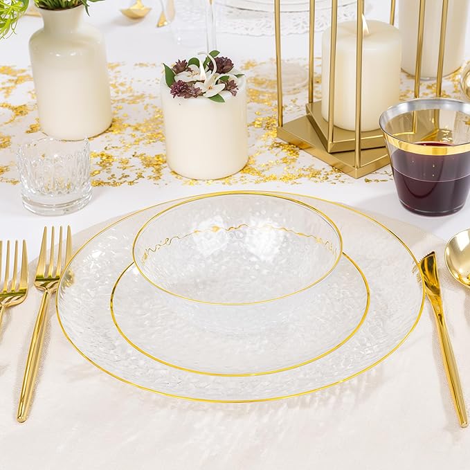 Rubtlamp 50 Pack Clear Disposable Bowls, Clear Plastic Bowls with Gold Rim, 12-16oz Premium Heavy Duty Plastic Hammered soup Bowls for Milk Cereals, Snacks, Salads