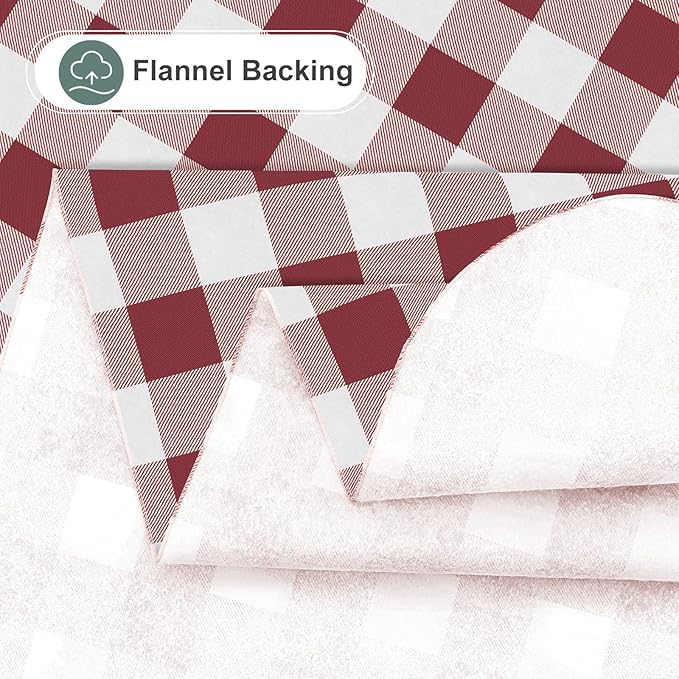 misaya Round Waterproof Vinyl Table Cloth, Buffalo Flannel Backed Tablecloth, Wipeable Plastic Table Cover for Valentine's Day, Dinner, Kitchen, Outdoor (60", Burgundy and White)
