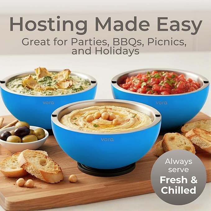 Vora 35oz Dip Chiller Bowl with Lid | 1 Pack Blue Stainless Steel Chilled Serving Bowl Keep Dips, Salads, and Appetizers Perfectly Cold with Leak-Resistant Ice Bowl for Effortless Hosting