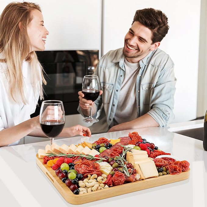 Portable Travel Charcuterie Board with Lid and Handle - Large Bamboo Cheese Board with 4 Cheese Knife Set for Outdoor, Picnics - Weddings, House Warming Gift for Women (6 Compartments, Black)