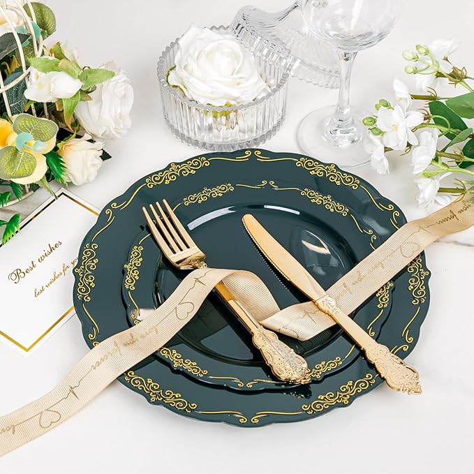 DaYammi 150Pcs Green Plastic Plates with Gold Silverware,Green Disposable Plates for Party include 30 Dinner Plate,30 Dessert Plate,90 Gold Plastic Cutlery,green gold plate for St. Patrick's Day Party