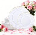 U-QE 60 Pcs White Plastic Plates with Gold Rim – Fancy Scalloped Plates Disposable - Premium Hard Plastic Plates Include 30 10" Dinner & 30 7" Dessert Plate for Party & Valentines Day