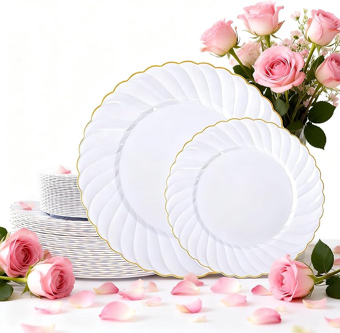 U-QE 60 Pcs White Plastic Plates with Gold Rim – Fancy Scalloped Plates Disposable - Premium Hard Plastic Plates Include 30 10" Dinner & 30 7" Dessert Plate for Party & Valentines Day