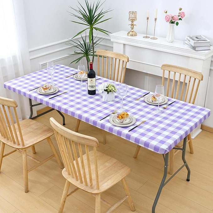 Smiry Rectangle Picnic Table Cloth, Elastic Waterproof Fitted Vinyl Tablecloths, Flannel Backed Buffalo Plaid Table Covers for Dining, Camping, Outdoor (White and Purple, 30" x 96")