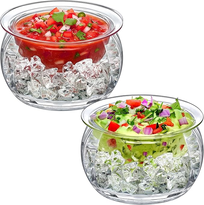 Amazing Abby - Ice Bed - Acrylic Chilled Dip Server Bowl with Ice Chamber (2-Pack), Clear Plastic Iced Serving Bowl, Keeping Dips and Condiments Cold and Fresh for Party, Picnic, Outdoor Dining