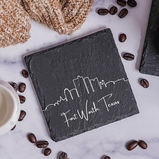 Blue Ridge Mountain Gifts - Fort Worth TX Skyline Coasters, Set of 4 - Fort Worth Texas Souvenir, Slate Coasters with Minimalist Skyline, Housewarming Gift for Friends, Family, & Neighbors